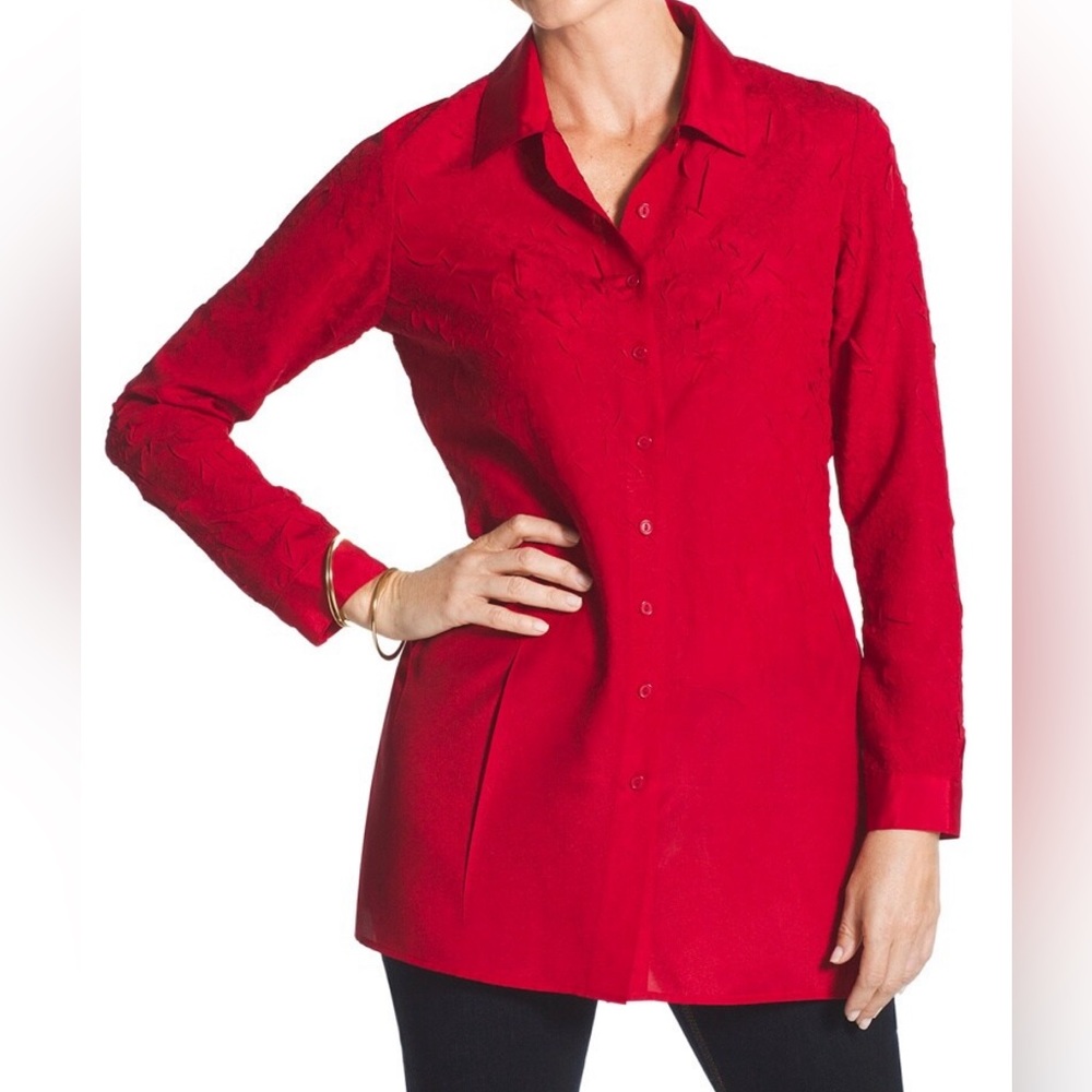 Chico’s Roxanne Crinkle Crush Button Down Shirt blouse top red size‎ XL